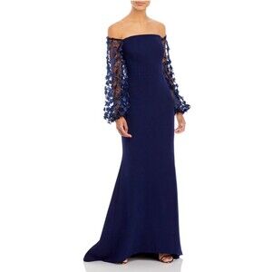Eliza J Off Shoulder Formal Gown Women's 8 Blue Navy Floral Sleeve Dress New